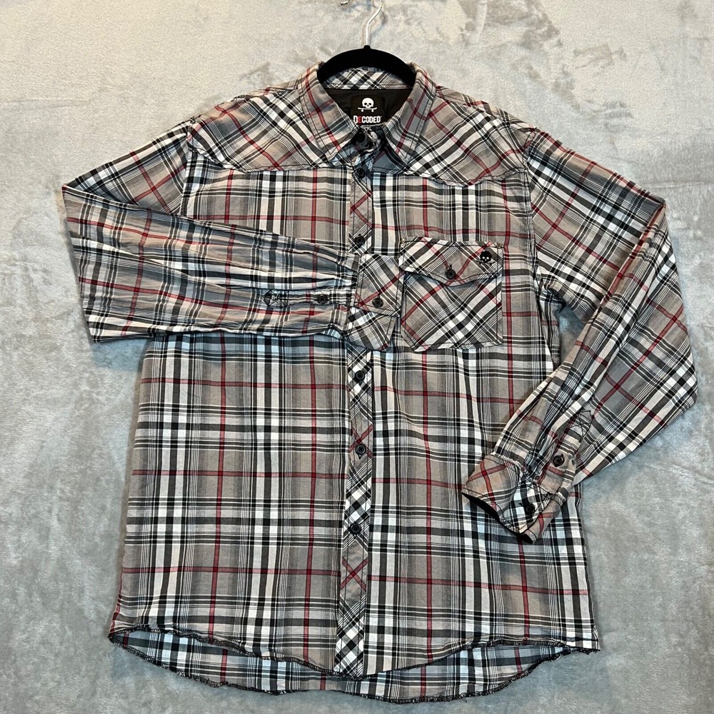 Decoded Long Sleeve‎ Button Up Shirt Mens Large Plaid Skull Logo Skater